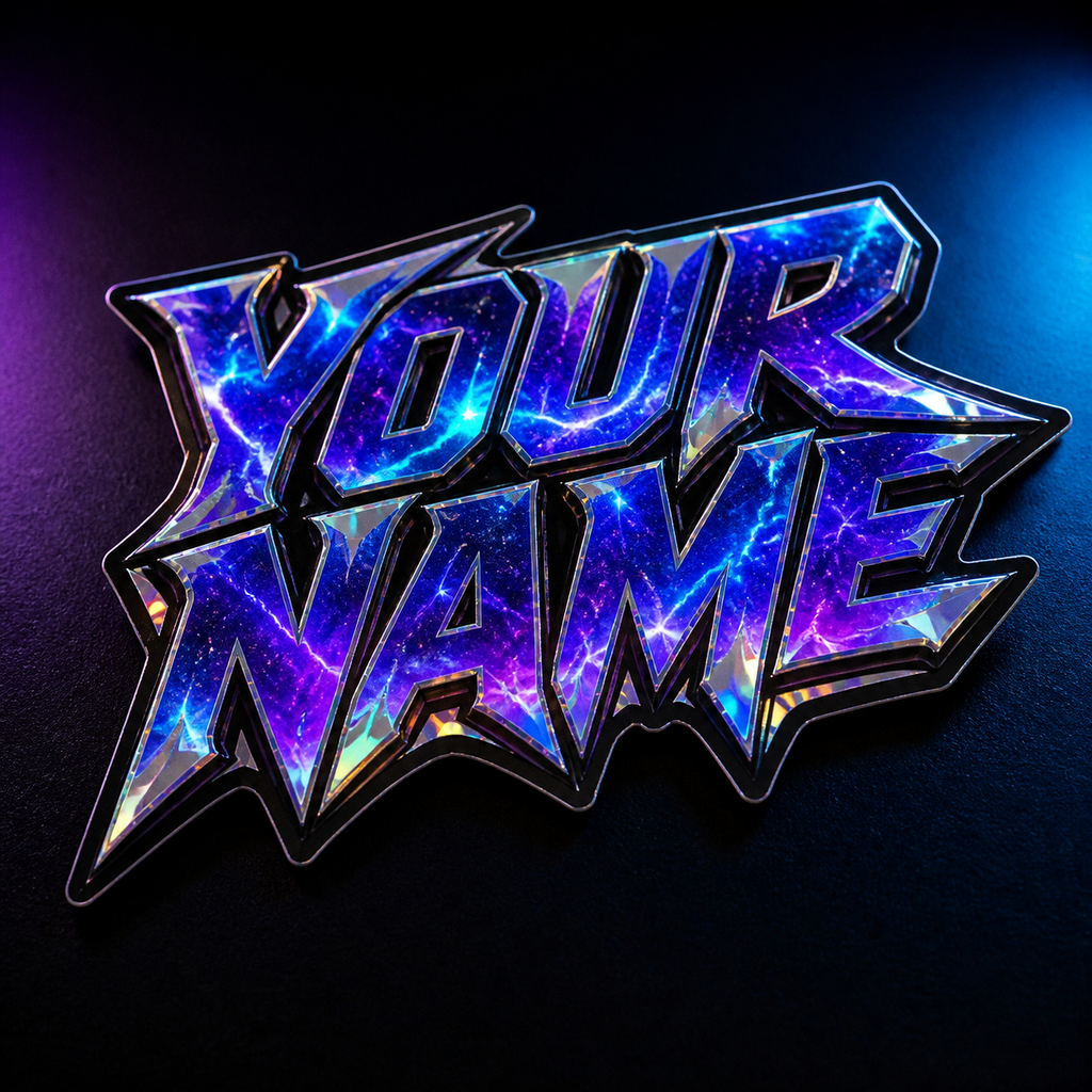 Cosmic Electric custom holographic name sticker in blue and ultraviolet