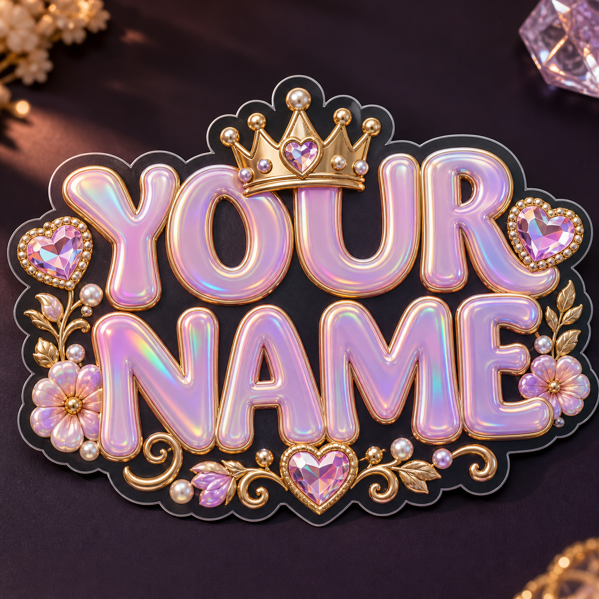 Crown and Pearl custom holographic name sticker in pink lavender and gold