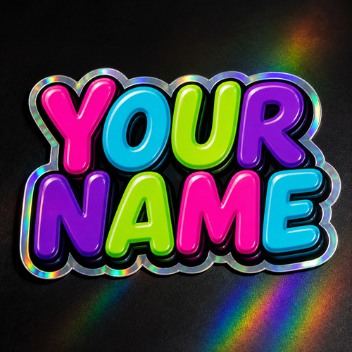 Neon Candy custom holographic name sticker with bright pink cyan lime and violet letters