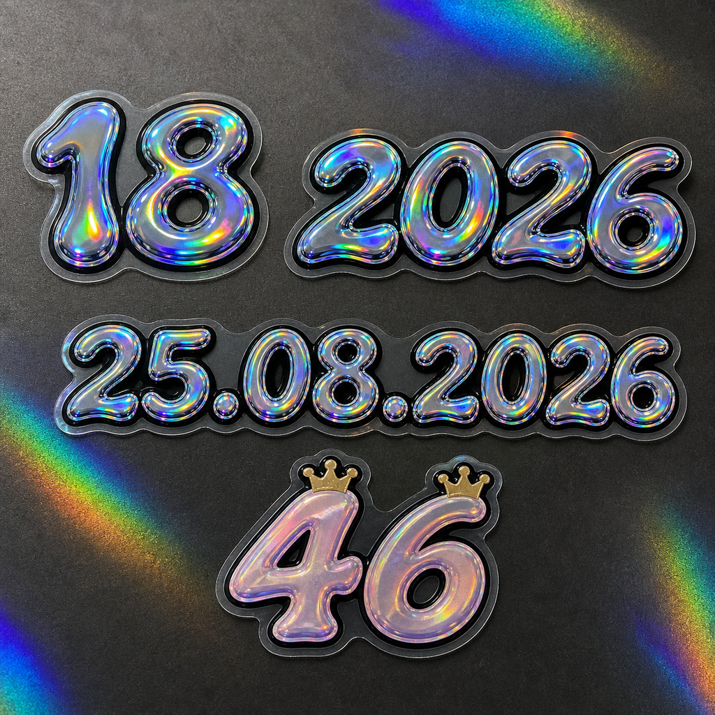 Custom holographic numbers and dates sticker pack examples