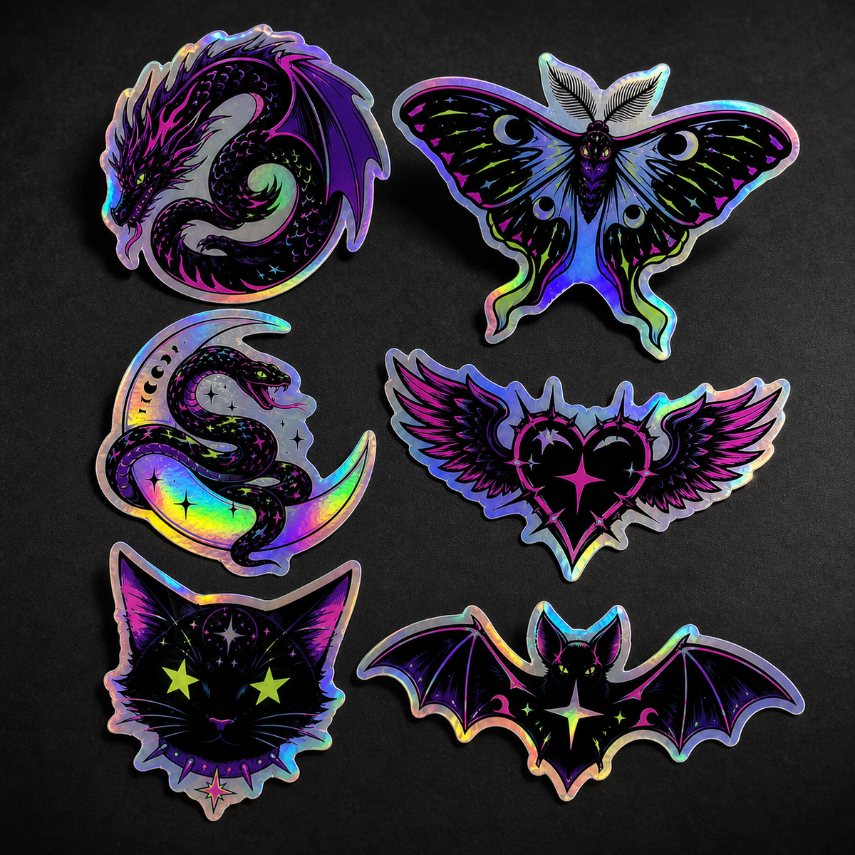 Six celestial holographic creature vinyl stickers