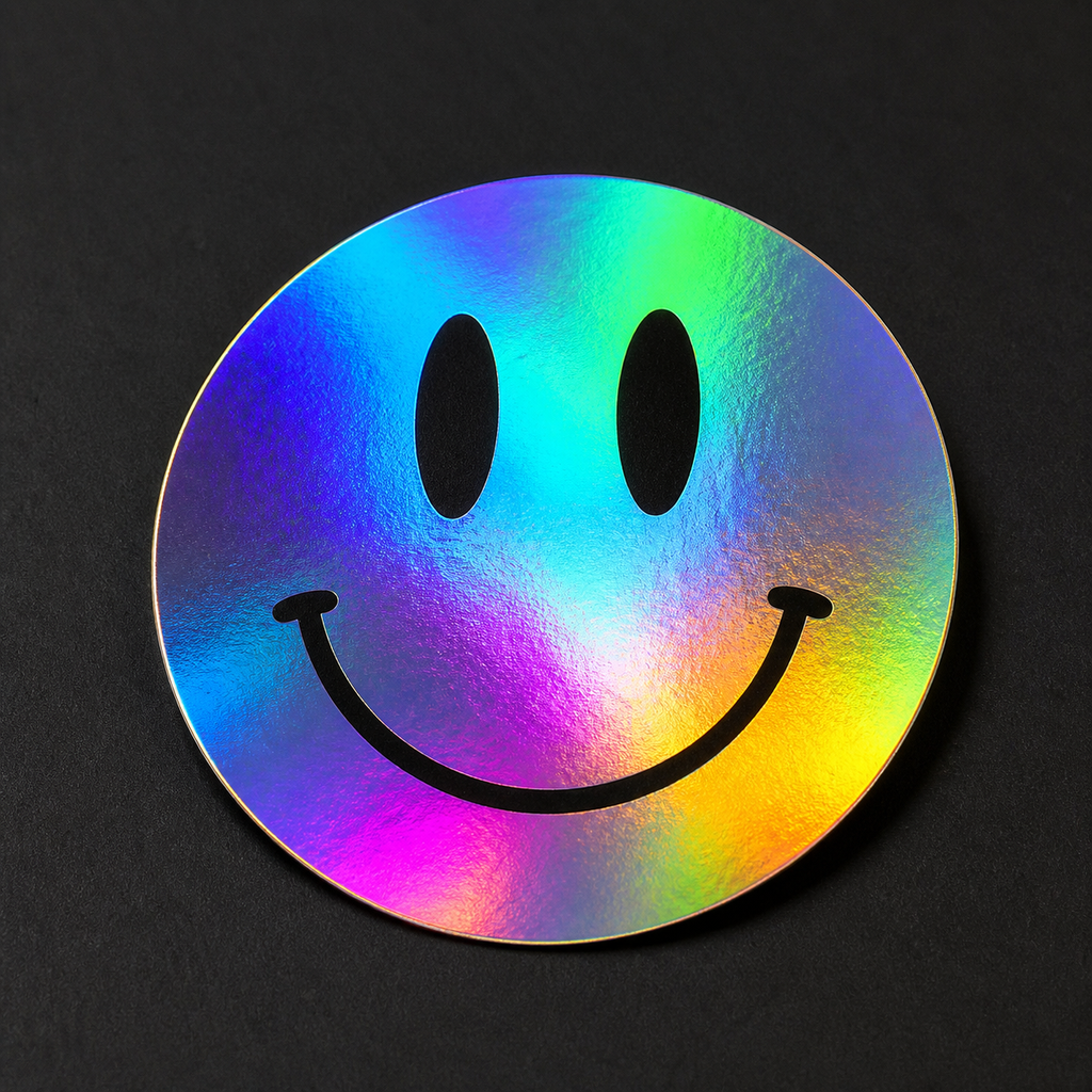 Rainbow silver holographic smiley face sticker with bold black print