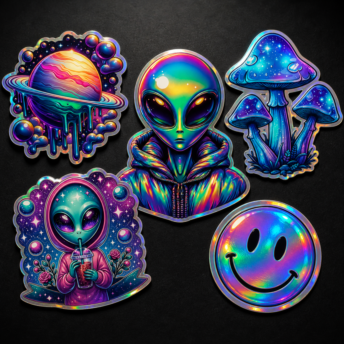 Five colourful holographic space and alien vinyl stickers